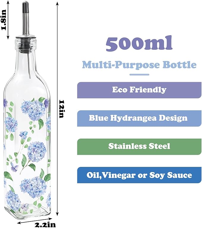 JarThenaAMCS Blue Hydrangea Olive Oil Dispenser Bottle Glass Cruet Bottle with Spout Floral Cooking Vinegar Container for Spring Mother's Day Home Kitchen Table Countertop Decor