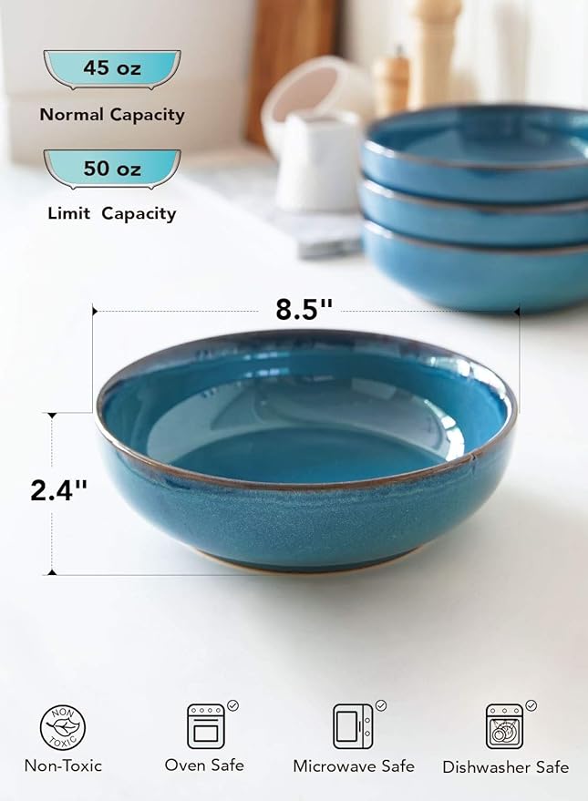 LE TAUCI Pasta Bowls 45 Ounce, Ceramic Salad Bowl, Large Serving Bowl Set - Set of 4, Ceylon Blue - Image 5