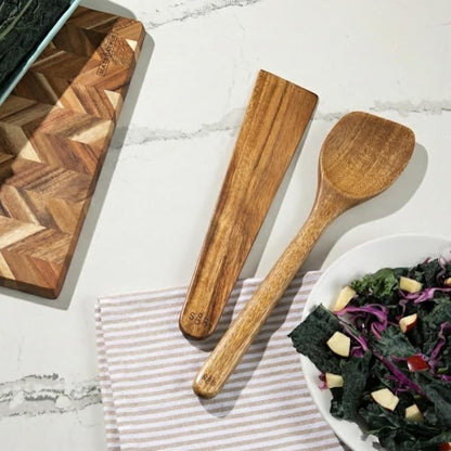 SLATE & ROYCE Wooden Spoon and Spatula Set, 2-Piece Non-Toxic Acacia Wood Cooking Utensils — Long Wooden Spoon for Cooking & Wood Spatula Scraper, Non-Stick, Cast Iron & Stainless Steel