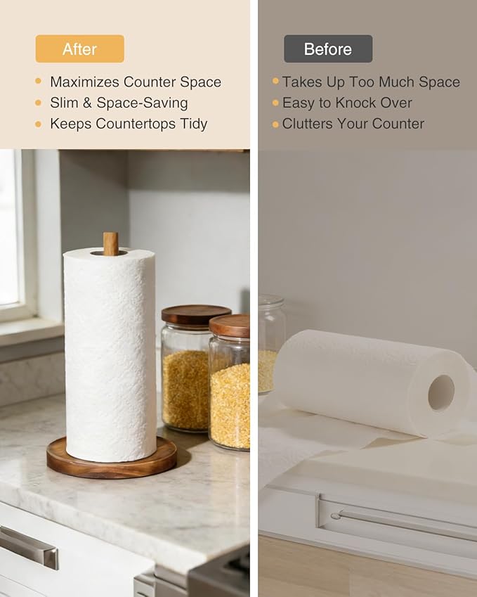 NESAPTO Paper Towel Holder Countertop, Wooden Standing Paper Towel Roll Stand for Rustic Farmhouse & Cottagecore Decor, Kitchen Bathroom Essential, Brown - Image 4