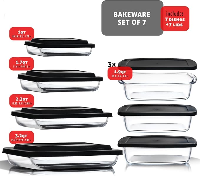 EATEX 7-Pack Glass Food Storage Containers with Lids Baking Pans Set, Glass Baking Dishes for Oven | 4 Casserole Dishes for Oven and 3 Glass Bread Pans for Bread Baking, Oven Microwave Freezer Safe - Image 2