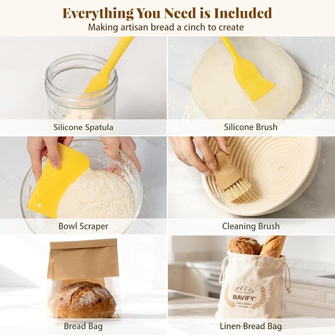 Sourdough Starter Kit, Banneton Bread Proofing Baskets Set, Sourdough Bread Baking Supplies Making Tools with Dough Scraper, Whisk, Bread Lame, Recipe - Image 5