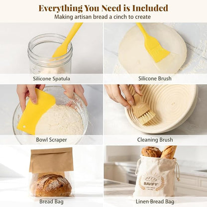 Sourdough Starter Kit, Banneton Bread Proofing Baskets Set, Sourdough Bread Baking Supplies Making Tools with Dough Scraper, Whisk, Bread Lame, Recipe - Image 5