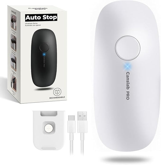 Canslab Ultrablade PRO Auto Stop Can Opener - Rechargeable Electric Can Opener for Kitchen for Seniors with Arthritis - One Touch Side Cut Opener, Smooth Edge, Handfree, Wall Mounted Small Size, White by Canslab