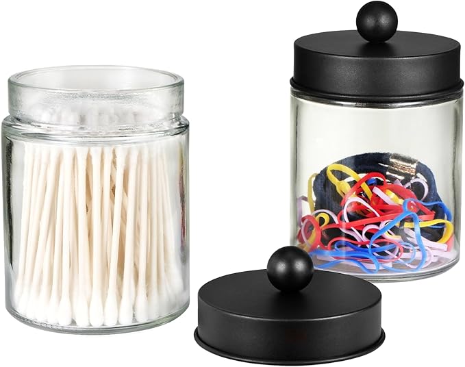 SheeChung 4-Pack Glass Qtip Holder Dispenser - Rust-Proof Stainless Steel Apothecary Jars with Labels - Modern Farmhouse Bathroom Organizer for Cotton Swabs, Balls, Pads(Matte Black)
