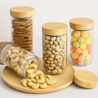 TBWIND 4 Pack 24oz Glass Jars with Bamboo Lids, Spoons, Airtight Overnight Oats Containers, Wide Mouth Mason Jars, Food Storage Container for Yogurt Salad Snacks Spice Sugar Meal Prep – Reusable