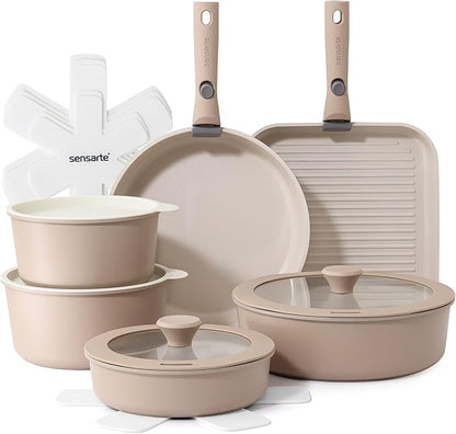 SENSARTE 17 Piece Ceramic Pots and Pans Set, Nonstick Detachable Handle Cookware, Induction Kitchen Cookware Set with Removable Handle, Dishwasher ＆ Oven Safe (Almond Beige) by SENSARTE