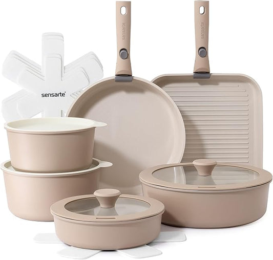 SENSARTE 17 Piece Ceramic Pots and Pans Set, Nonstick Detachable Handle Cookware, Induction Kitchen Cookware Set with Removable Handle, Dishwasher ＆ Oven Safe (Almond Beige) by SENSARTE