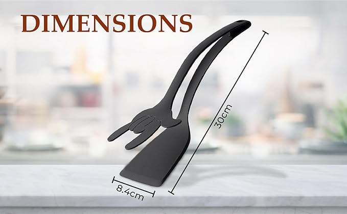 2 in 1 Flipper Spatula with tongs - Nylon Easy Grip Flip Spatula for Hash browns, Burgers, Steaks, French Toast, Omelets, Pancakes - Non-Stick Head, Ergonomic Handle (Black and Black Mickey)