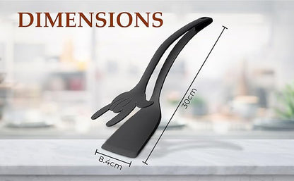 2 in 1 Flipper Spatula with tongs - Nylon Easy Grip Flip Spatula for Hash browns, Burgers, Steaks, French Toast, Omelets, Pancakes - Non-Stick Head, Ergonomic Handle (Black and Black Mickey)