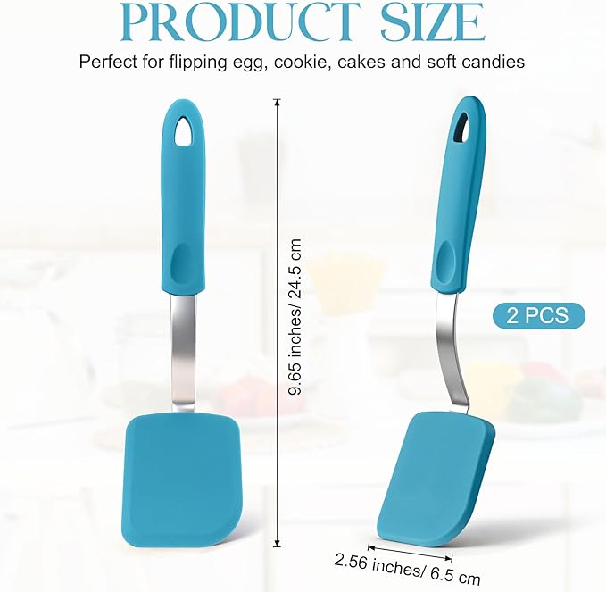 Silicone Cookie Spatula Turner 2 Pack Mini Brownie Spatula Flexible Kitchen Small Silicone Turner for Nonstick Cookware Heat Resistant No Scratch Flipper for Egg Pancake(Light Blue) - Image 2
