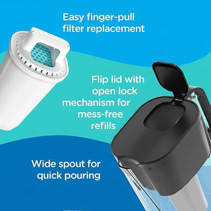 HOMEWATER 10-Cup Pitcher Filter (Black) – BPA-Free, High-Capacity 2.4L Pitcher with Fast-Flow Carbon Filter, Wide Mouth for Easy Pouring, Removable Filter Replacement, Locking Lid, and Dishwasher-Safe