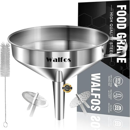 Large Stainless Steel Funnel, Walfos Kitchen Funnel with 2 Removable Strainer ＆ 1Pc Cleaning Brush, Perfect for Transferring of Liquid, Oils, Jam, Dry Ingredients & Powder (Big, 5.7") by Walfos