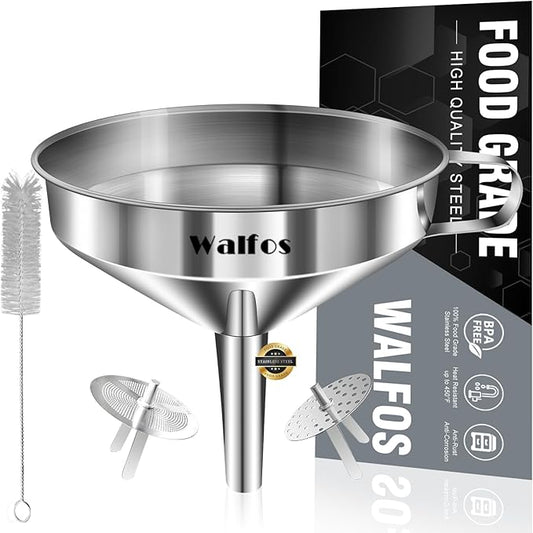 Large Stainless Steel Funnel, Walfos Kitchen Funnel with 2 Removable Strainer ＆ 1Pc Cleaning Brush, Perfect for Transferring of Liquid, Oils, Jam, Dry Ingredients & Powder (Big, 5.7") by Walfos