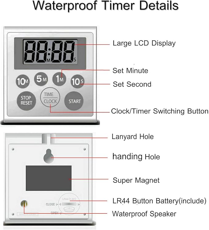 Digital Timer Waterproof Shower Timer Shower Clock Bathroom Kitchen Timer with Strong Magnet and Large LCD Display (Waterproof 7 Key) - Image 5