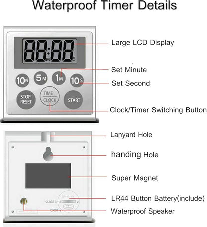 Digital Timer Waterproof Shower Timer Shower Clock Bathroom Kitchen Timer with Strong Magnet and Large LCD Display (Waterproof 7 Key) - Image 5