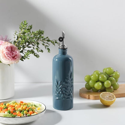 Sweejar 18 Oz Oil Dispenser for Kitchen with Gravity Spout, Ceramic Olive Oil Dispenser Bottle, Relief Opaque Vinegar Container for Evoo, Vinegar, Soy Sauce, Pack of 1(Fogblue, Silver Spout) - Image 5