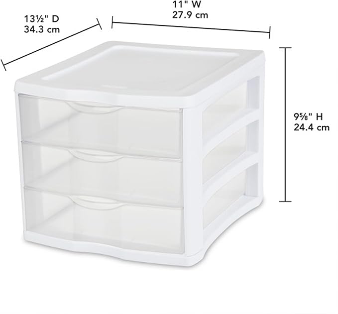 Sterilite 4-Pack 3 Drawer Unit, Stackable Plastic Organizer with Drawers, White Frame - Multi-Purpose Countertop Storage Containers for Office Supplies, Craft Rooms, Classrooms and Home Organization - Image 3