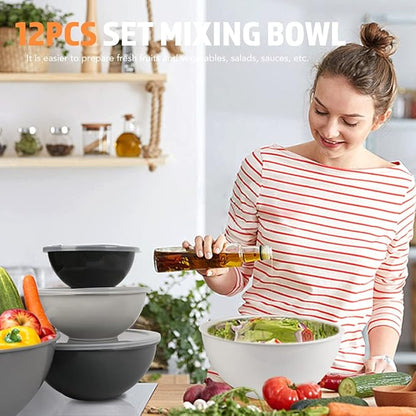 BoxedHome BPA Free Plastic Round Mixing Bowl with Lids, 12 Pack Nesting Bowls with Lids Set, Microwave and Dishwasher Safe Prep & Serving Bowls Great for Mixing, Baking, Serving (Grey, 12pcs) - Image 7