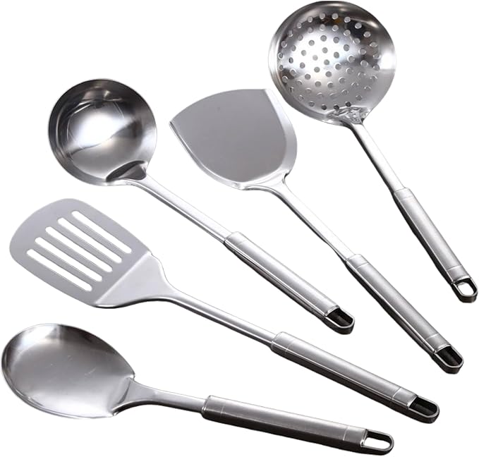 Stainless Steel Cooking Utensils Set, 5 Pcs Stainless Steel Kitchen Utensils Set, Wok Utensils Set Include Wok Ladle, Slotted Spoon, Soup, Wok Spatula and Slotted Spatula - Image 7