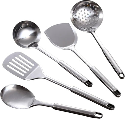 Stainless Steel Cooking Utensils Set, 5 Pcs Stainless Steel Kitchen Utensils Set, Wok Utensils Set Include Wok Ladle, Slotted Spoon, Soup, Wok Spatula and Slotted Spatula - Image 7