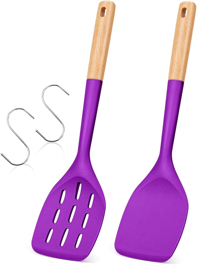 Pack of 2 Silicone Spatula, Non Stick Cooking Utensil Set, Wooden Handle Kitchen Turner for Baking Mixing Grilling Serving Food Heat Resistant (BERRY) by BADIANO