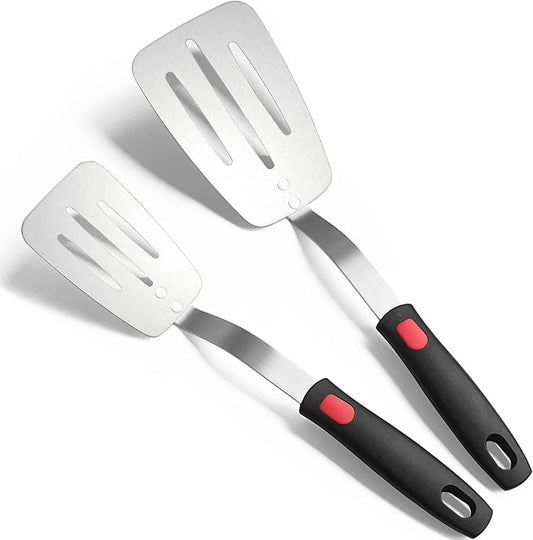Stainless Steel Flexible Spatula Slotted Turner, XiaoZu Thin Metal Spatula for Cast Iron Skillet, Thin Blade and Heat Resistant Silicone Handle, Great for Egg, Cookie, Meat, Crep, Medium + Large