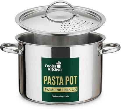 Stainless Steel Pasta Pot with Strainer Lid — 5.5 Qt Large Capacity Spaghetti Pot with Twist Lock Lid — Deep Cooking and Stock Pots for Boiling, Dishwasher Safe By Cooler Concepts by CoolerKitchen