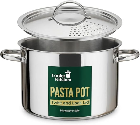 Stainless Steel Pasta Pot with Strainer Lid — 5.5 Qt Large Capacity Spaghetti Pot with Twist Lock Lid — Deep Cooking and Stock Pots for Boiling, Dishwasher Safe By Cooler Concepts by CoolerKitchen