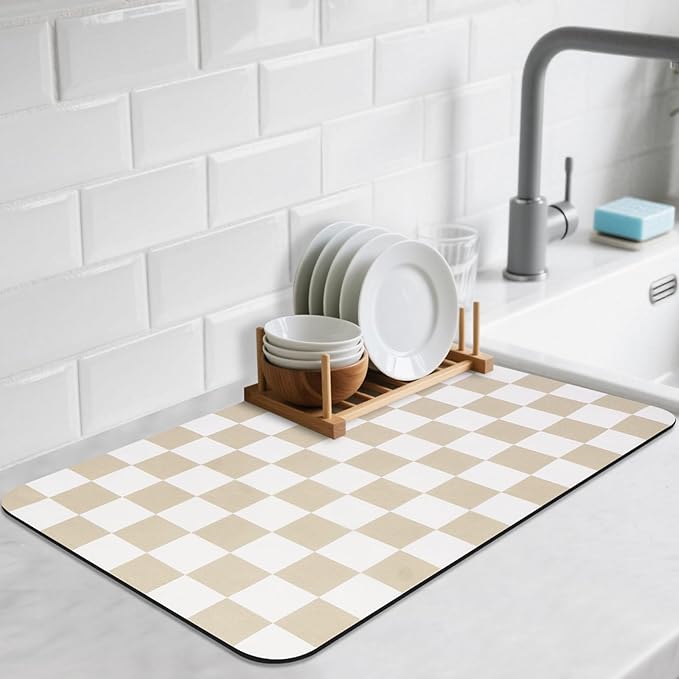 CooRug Checkered Dish Drying Mat for Kitchen Counter, Absorbent Non-Slip Coffee Mat, Heat Resistant Mat for Countertops Coffee Bar Decor 12" x 20" Khaki by CooRug