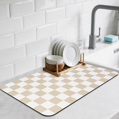 CooRug Checkered Dish Drying Mat for Kitchen Counter, Absorbent Non-Slip Coffee Mat, Heat Resistant Mat for Countertops Coffee Bar Decor 12" x 20" Khaki by CooRug