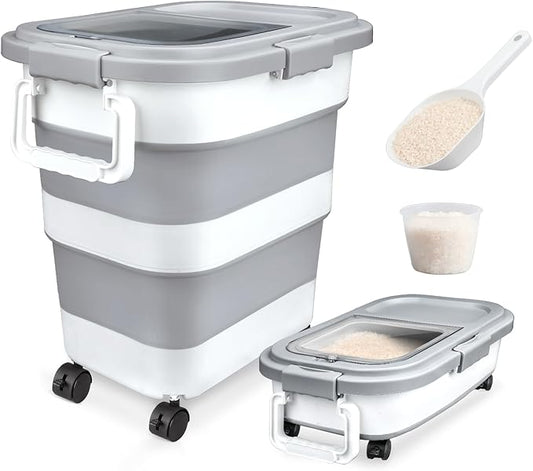 Komzon Rice Storage Container, Collapsible Airtight 10-40 Lb Rice Storage Container, 25lb Pet Dog Food Storage Container, Rice Dispenser Bin with Cup and Scoop for Flour Cereal Pasta Grain, Cat Bird