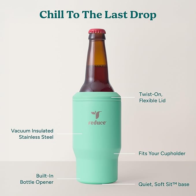 Reduce 4-in-1 Drink Cooler - Versatile Can & Bottle Holder with Vacuum Insulation - Keeps Drinks Cold Up to 4 Hours - Includes Bottle Opener - Fits Cupholders & Dishwasher Safe - 14oz - Saltwater