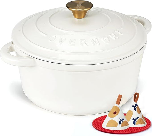 Overmont Enameled Cast Iron Dutch Oven - 5.5QT Pot with Lid Cookbook & Cotton Potholders - Heavy-Duty Cookware for Braising, Stews, Roasting, Sourdough Baking Pearl White by Overmont