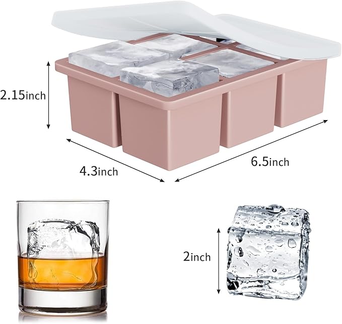 Large Ice Cube Tray for Whiskey: FDDBI Silicone Ice Cube Trays with Lid - 2Pack Big Square Old Fashioned Ice Cube Maker for Cocktail - 2inch Huge Cubed Ice Trays for Whisky - Image 5