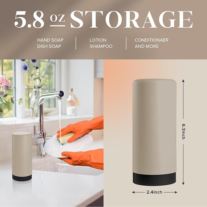 ElmRidge Dish Soap Silicone Dispenser for Kitchen Sink,Squeeze Washing Up Liquid and Hand Soap,Round refillable Silicone Bottles,Easy to Fill and to use, 8.5 oz,Black 2.4 x 2.4 x 5.5 inches (Taupe) - Image 4