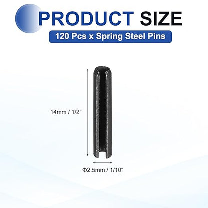 MECCANIXITY 120Pcs Slotted Split Roll Pins 1/10 Inch(2.5mm) Dia. 1/2 Inch(14mm) Length 65Mn Steel Spring Tension Expansion Dowels for Secure Fastening, Black