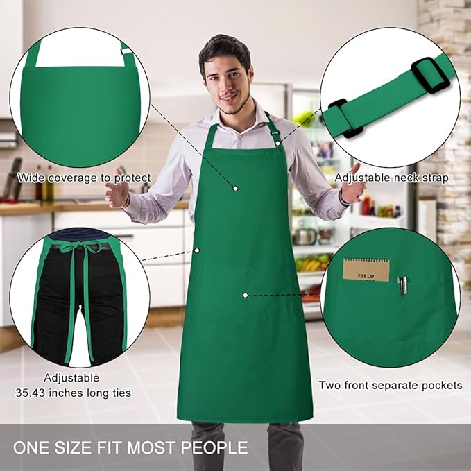 Jubatus 2 Pack 100% Cotton Aprons with 2 Pockets Cooking Chef Kitchen Adjustable Bib Apron for Women Men, Green - Image 2