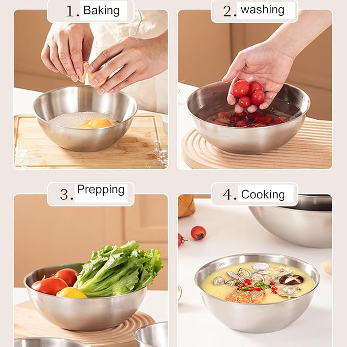 Stainless Steel Salad Bowls Set of 2 Mixing Bowl with Measurement Markings Snacks Bowls, 3.17 Quart Serving Bowls for Mixing, Cooking, Baking, Prepping and Home Kitchen Food Storage Bowls