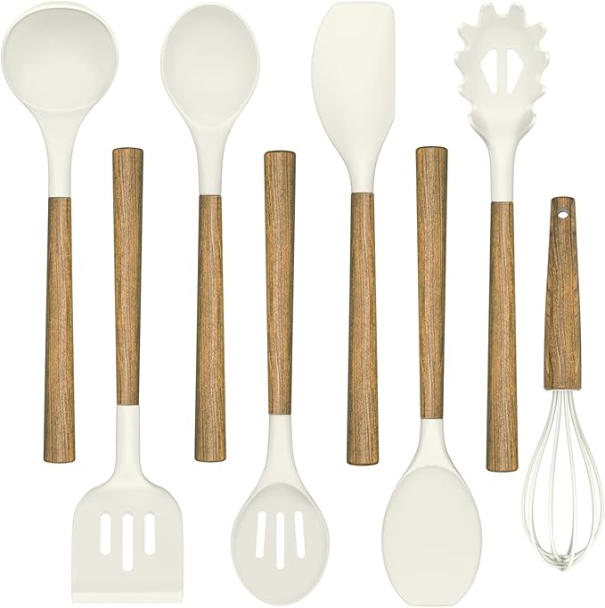 Non-Stick Silicone Kitchen Utensils Set with Natural Acacia Hard Wood Handle, Umite Chef 8 Pieces Kitchen Spatulas set, White, BPA Free, Baking, Serving and Cooking Utensils by UmiteChef