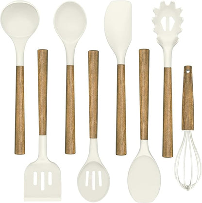Non-Stick Silicone Kitchen Utensils Set with Natural Acacia Hard Wood Handle, Umite Chef 8 Pieces Kitchen Spatulas set, White, BPA Free, Baking, Serving and Cooking Utensils by UmiteChef