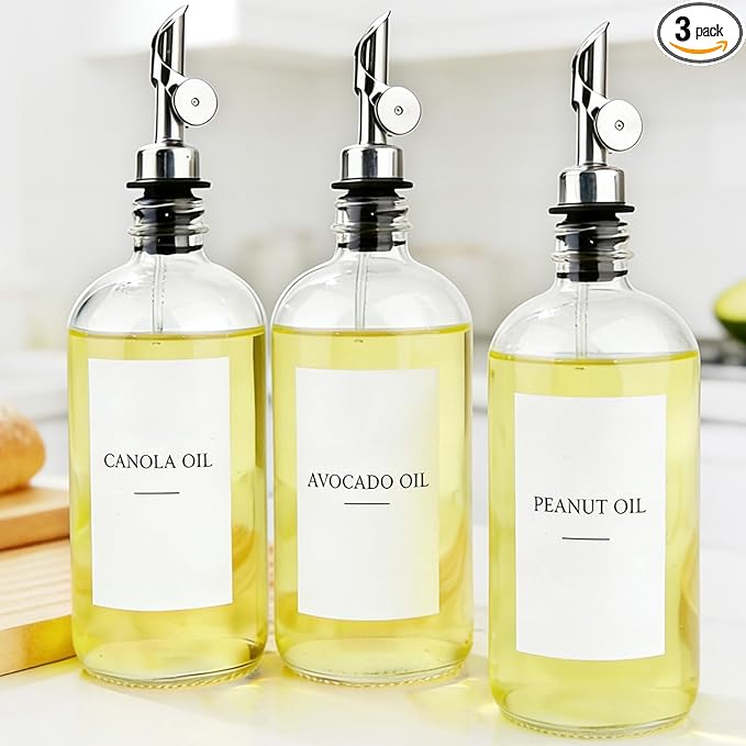 3PCS Oil Dispensers with Labels 16.23oz Kitchen Cooking Glass Bottles Containers with 304 Stainless Steel Automatic Pump Heads Anti-Corrosion & Rustproof by Unknown