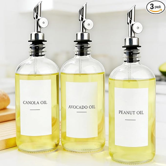 3PCS Oil Dispensers with Labels 16.23oz Kitchen Cooking Glass Bottles Containers with 304 Stainless Steel Automatic Pump Heads Anti-Corrosion & Rustproof by Unknown