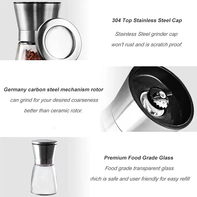 Ebaco Professional Pepper Grinder - with Germany Hardened Carbon Steel Mechanism Rotor, Refillable Pepper Mill 6OZ Glass Adjust Coarseness (1PCS-Sliver-304） - Image 4