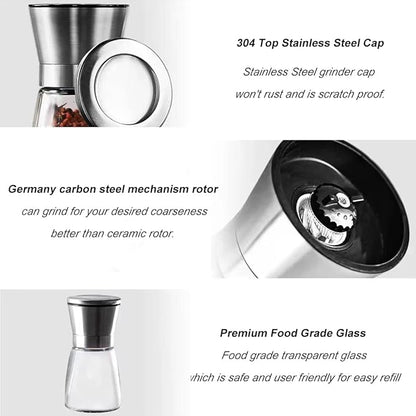 Ebaco Professional Pepper Grinder - with Germany Hardened Carbon Steel Mechanism Rotor, Refillable Pepper Mill 6OZ Glass Adjust Coarseness (1PCS-Sliver-304） - Image 4