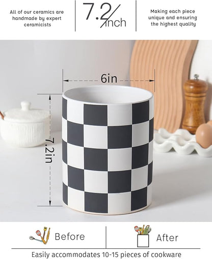 Checkered Kitchen Utensil Holder - 7.2" Ceramic Utensil Crock for Countertop, Kitchen Decor and Accessories for counte (Black) - Image 3