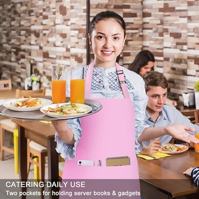 Jubatus 2 Pack Bib Aprons with 2 Pockets Cooking Chef Kitchen Apron for Women Men, Pink - Image 5