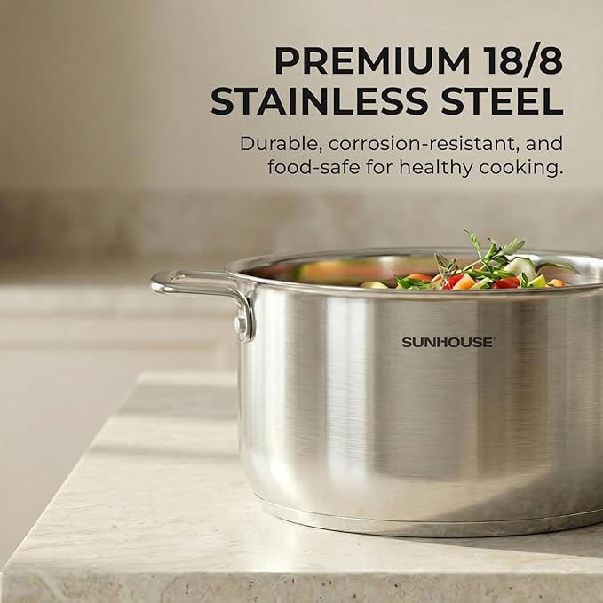SUNHOUSE 18/8 Stainless Steel Stock Pot - 6.5 Quart Heavy-Duty Induction Cooking Pot with Visible Lid for Pasta, Soup, Spaghetti - Nonstick Thick-Bottom Deep Stockpot - Image 3