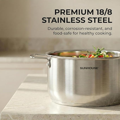 SUNHOUSE 18/8 Stainless Steel Stock Pot - 6.5 Quart Heavy-Duty Induction Cooking Pot with Visible Lid for Pasta, Soup, Spaghetti - Nonstick Thick-Bottom Deep Stockpot - Image 3
