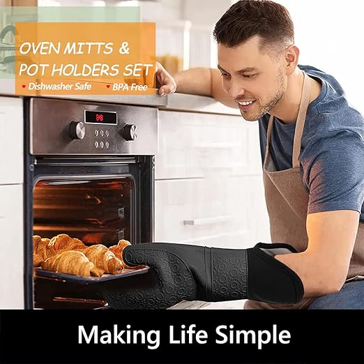 Silicone Oven Mitts and Pot Holders Sets, MTZRFLL Extra Long Heat Resistant Oven Gloves with Hot Pads and Mini Oven Mits Set for Kitchen Cooking Baking, Soft Quilted Lining, Pack of 6 (Gray) - Image 2